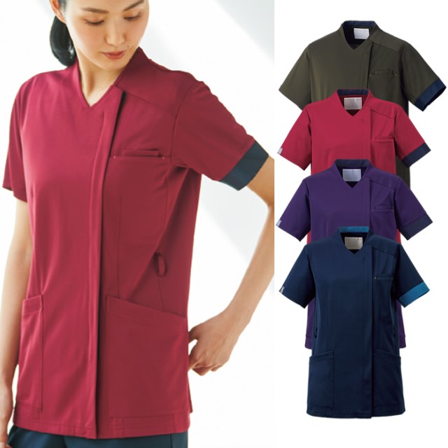 HS8076 オンワード スクラブ 男女兼用 半袖 制菌加工 静電気帯電防止 ストレッチ 透け防止 吸水 速乾 形態安定 二重ポケット ONWARD ラフィーリア Raffiria 医療用 看護師 ユニセックス 上衣 チュニック 白衣 ナースウェア ジャケット