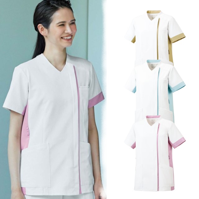 HS8080 オンワード ナースウェア サイドファスナー スクラブ 男女兼用 半袖 キーループ 制菌加工 静電気帯電防止 ストレッチ 透け防止 吸水 速乾 形態安定 二重ポケット ONWARD 医療用 看護師 ユニセックス ジャケット 白衣 上衣 医務衣 ナース服