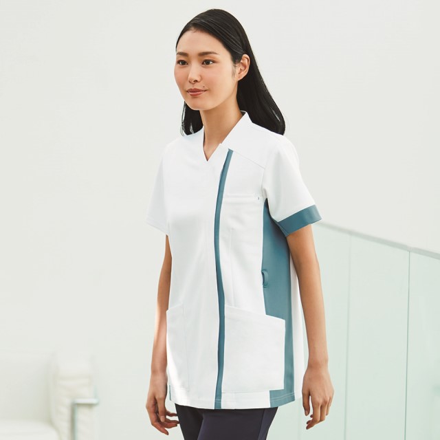 HS8092 オンワード ナースウェア サイドファスナー スクラブ 男女兼用 半袖 制菌加工 静電気帯電防止 ストレッチ 透け防止 吸水 速乾 形態安定 工業洗濯可 ONWARD ラフィーリア Raffiria 医療用 看護師 ユニセックス 上衣 ジャケット 白衣 ホワイト 白