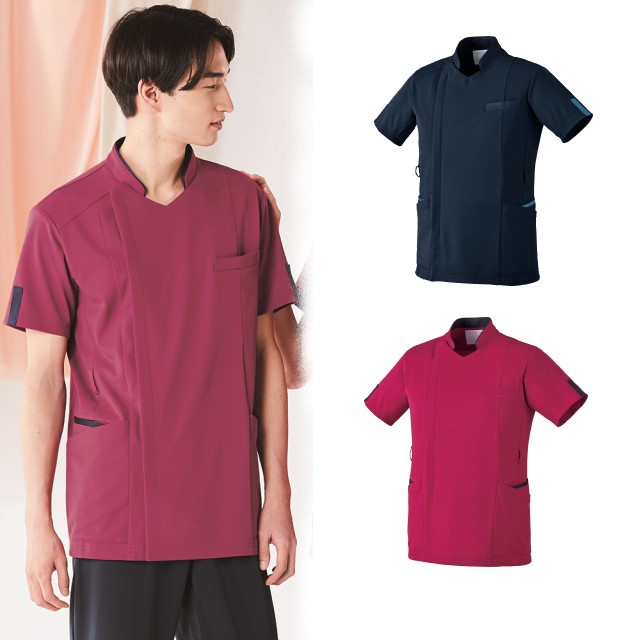 HS8109 オンワード ナースウェア サイドファスナー スクラブ 男性用 半袖 制菌加工 静電気帯電防止 ストレッチ 吸水 速乾 接触冷感 工業洗濯可 ONWARD ラフィーリア Raffiria 医療用 看護師 メンズ 上衣 ジャケット 白衣