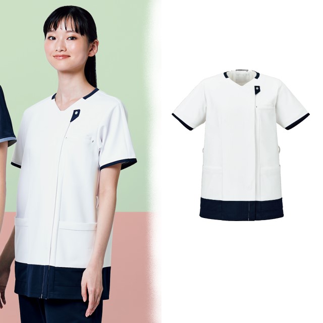 HS8115 オンワード メディカルウェア サイドファスナー スクラブ 男女兼用 半袖 制菌加工 静電気帯電防止 ストレッチ 透け防止 吸水 速乾 接触冷感 工業洗濯可 ONWARD ラフィーリア Raffiria 医療用 医師 看護師 歯科医院 介護施設 整骨院 動物病院 リハビリ 理学療法士 白衣