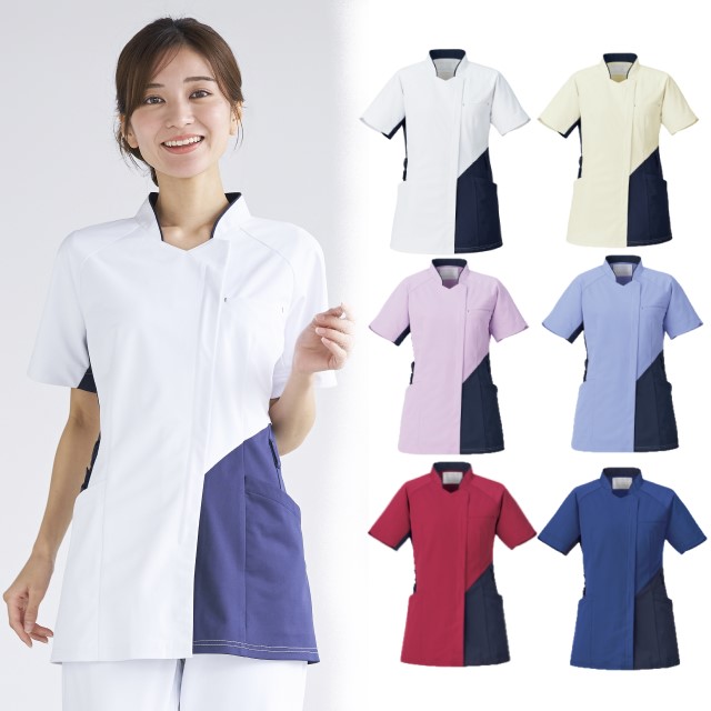 HS8133 オンワード ナースウェア レディス ファスナー スクラブ 女性用 前開き 防透性 軽量 薄手 ニット素材 制菌加工 静電気防止 ストレッチ 透け防止 吸水 速乾 接触冷感 工業洗濯可 ONWARD ラフィーリア Raffiria 医療用 看護師 ナースジャケット 白衣