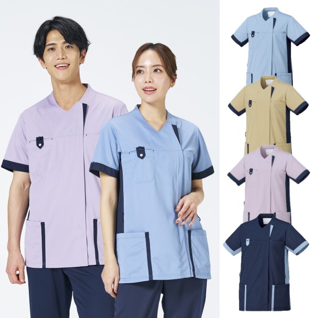 HS8146 オンワード 男女兼用 ファスナー スクラブ 前開き 涼しい 高通気 蒸れ軽減 軽量 色落ちしない 消毒可 制菌加工 静電気防止 ストレッチ 吸水速乾 工業洗濯可 ONWARD ラフィーリア Raffiria 医療用 看護師 ナースウェア ナースジャケット 白衣