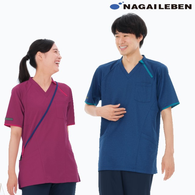 JM3107 ナガイレーベン 介護ウェア ニットシャツ 男女兼用 制電 吸水 防汚 ポケット NAGAILEBEN 医療用 看護師 ナースウェア ユニセックス スクラブ ジャケット 白衣 上衣 医務衣 ネイビー 紺 赤