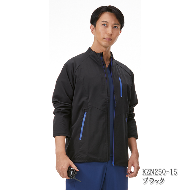 KZN250 カゼン ナースウェア ジップアップ ストレッチジャケット 男女兼用 院外活動 両腰ポケット ファスナーポケット KAZEN 医療用 看護師 医者 ドクター 介護 ユニセックス 羽織 上着 ブラック 黒