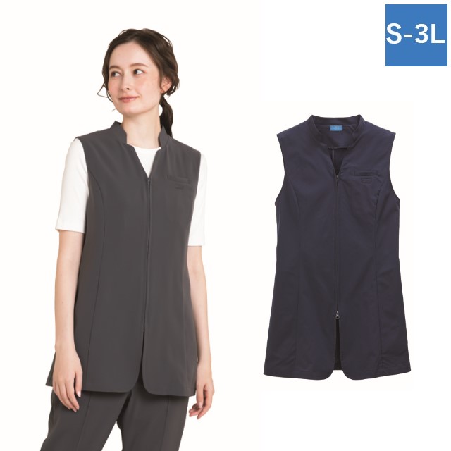 KZN257 カゼン 訪問介護 レディス ジレ ベスト 工業洗濯可 透け防止 制電 ストレッチ 防汚 ロングジレ スタンドカラー 介護 施設 白衣 病院 医院 クリニック