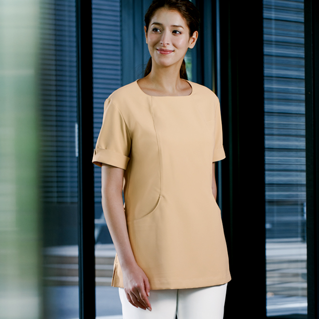 KZN311 カゼン ナースウェア ジャケット 女性用 半袖 工業洗濯可 制菌加工 透け防止 吸汗 制電 ストレッチ PHSポケット KAZEN 医療用 看護師 歯科助手 エステ レディース レディス プルオーバー 上衣 チュニック