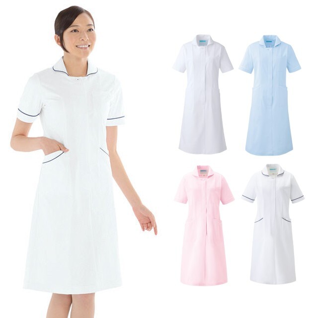 020 カゼン ナースワンピース 女性用 スクエアネック 透け防止 ストレッチ素材 ホワイト ピンク ブルー 医療用 看護師用 ナースウェア 工業洗濯可 制菌 吸汗 制電 防汚 KAZEN 看護衣 白衣 ナース服 レディース