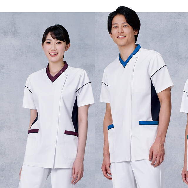 034 カゼン ナースウェア スクラブ ジャケット 男女兼用 半袖 工業洗濯