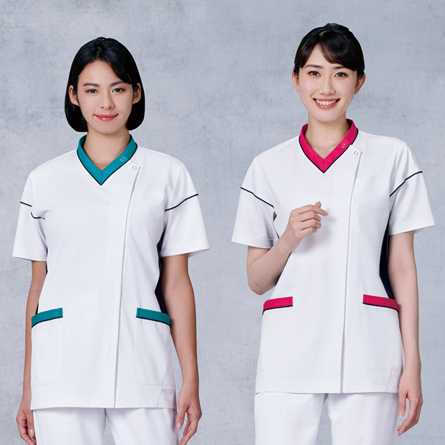 034 カゼン ナースウェア スクラブ ジャケット 男女兼用 半袖 工業洗濯