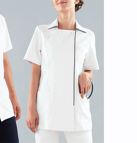 081 カゼン ナースウェア ジャケット 女性用 爽やかなネイビーライン 透け防止 ストレッチ素材 工業洗濯可 制菌 吸汗 制電 防汚 KAZEN 看護衣 医療用 看護師用 白衣 ナース服 大きいサイズ PHSポケット付き  チュニック