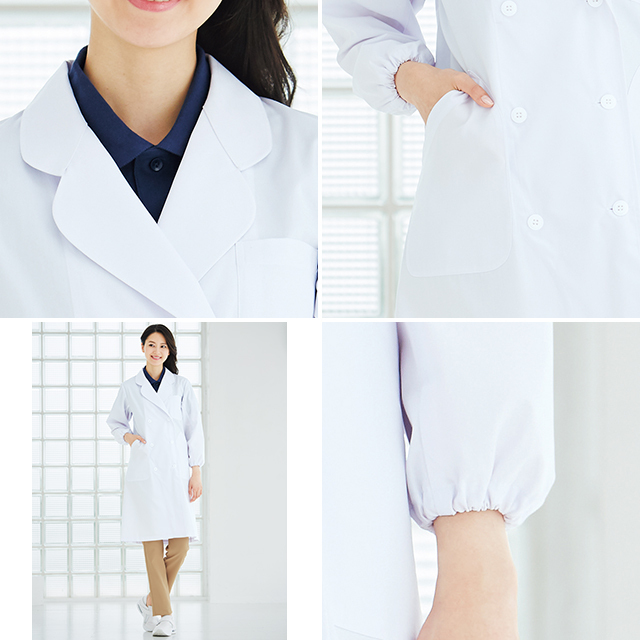 2506 フォーク 診察衣 長袖 袖口ゴム ダブルボタン 女性用 ストレッチ 制電 透け防止 吸汗速乾 制菌 比翼ボタン ポケット付き 工業洗濯可 綿混 Folk 医療衣 ドクターコート 白衣 医療 ドクター 女医 医者 白衣ネット本店