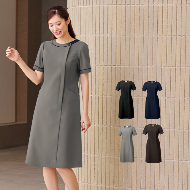 3027SC フォーク ワンピース レディス 女性用 半袖 吸汗 速乾 イージーケア ノーアイロン ストレッチ FOLK 事務 受付 医療 美容 歯科 エステ クリニック サロン 病院 おもてなし ショールーム