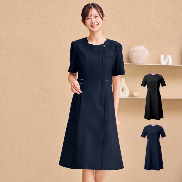 3028SC フォーク ワンピース レディス 女性用 半袖 吸汗 速乾 イージーケア ノーアイロン ストレッチ FOLK 事務 受付 医療 美容 歯科 エステ クリニック サロン 病院 おもてなし ショールーム