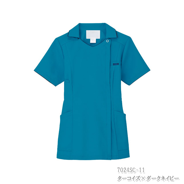 【新品未使用】フォーク 医療用ナース服 Lサイズ ネイビー/ターコイズ　2枚 7024SC フォーク ナースウェア スクラブ 襟付き 女性用 制電 吸汗速乾