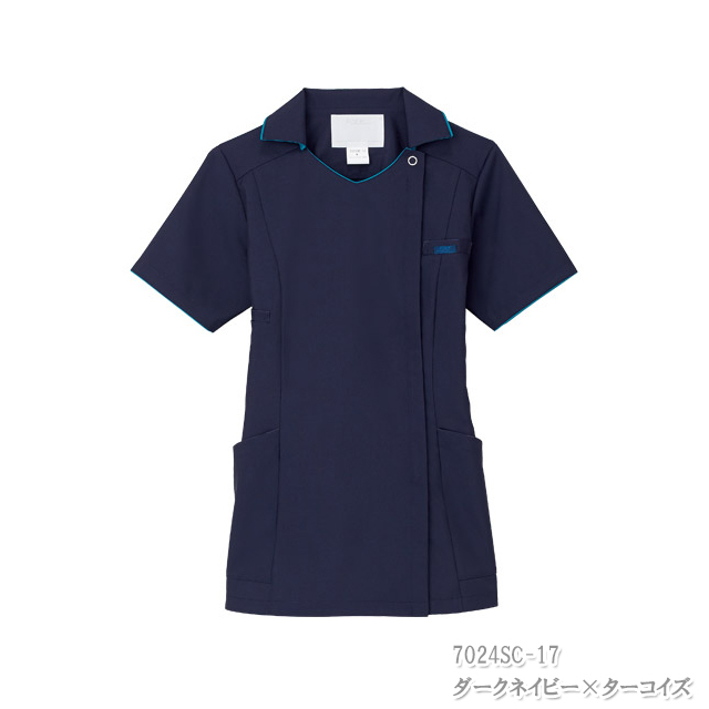 [ジップスクラブ] スクラブ・白衣 7024SC レディース ダークネイビー×ターコイズ M (日本サイズM相当) 7024SC フォーク ナースウェア スクラブ 襟付き 女性用 制電 吸汗速乾