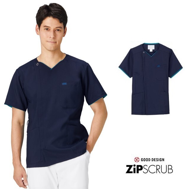 7028SC フォーク ナースウェア スクラブ 男性用 制電 吸汗速乾 FOLK 医療用 看護師 ドクター 医師 医者 メンズ 上衣 ジャケット 白衣 病院 クリニック 介護 整骨院 教育機関 大きいサイズ ネイビー