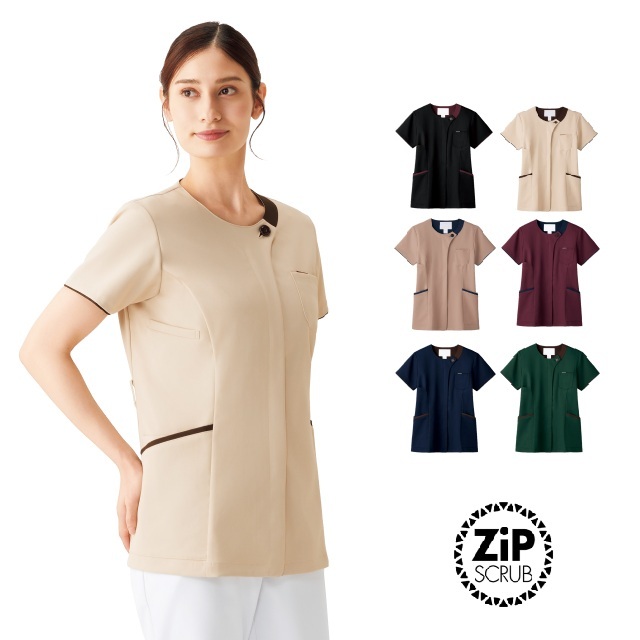7069SC フォーク ナースウェア レディス ジップ スクラブ 女性用 医療用 看護師 ナース ベージュ ネイビー バーガンディ グリーン