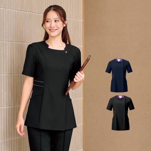 7119SC フォーク チュニック レディス 女性用 半袖 吸汗 速乾 イージーケア ノーアイロン ストレッチ FOLK 医療用 看護師 ナース 歯科衛生士 事務 受付 美容 歯科 エステ クリニック サロン 病院 おもてなし ショールーム