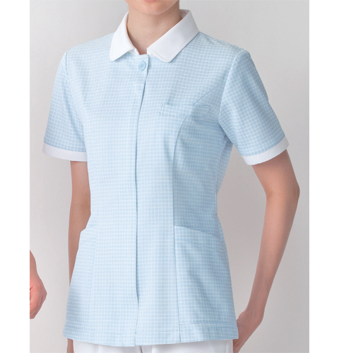 947 カゼン ナースウェア ジャケット 女性用 チェック 襟付き 半袖