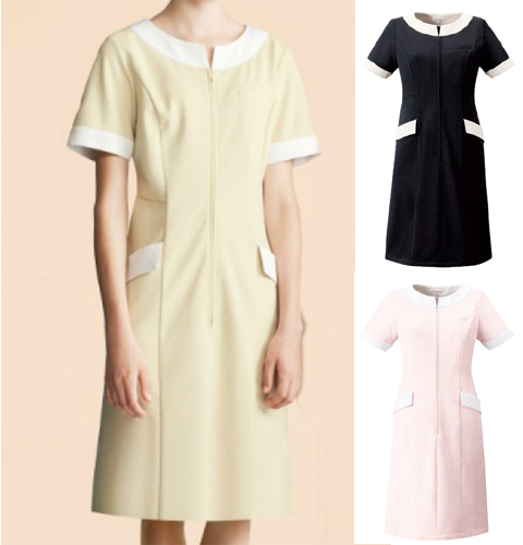 CL0240 チトセ キャララ エステ ワンピース 女性用 ノーカラー 半袖 透け防止 制電 ストレッチ ポケット付き 前ファスナー chitose Calala クリニック 美容部員 レディース レディス 受付 ビューティーウェア 