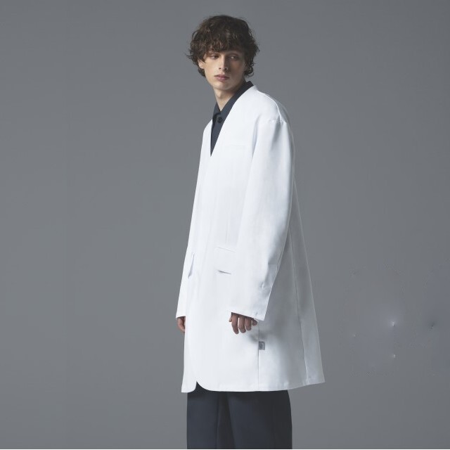 DOM-0010 ドクターコート 長袖 男性用 メンズ ノーカラー オーバーサイズ ユナイト チトセ 制電 ストレッチ 制菌 イージーケア ホワイト ネイビー 医療用 白衣 診察衣 ドクター 医師 ナース 看護師 教員 クリニック サロン 歯科 美容 薬剤師 研究機関 大学 学校