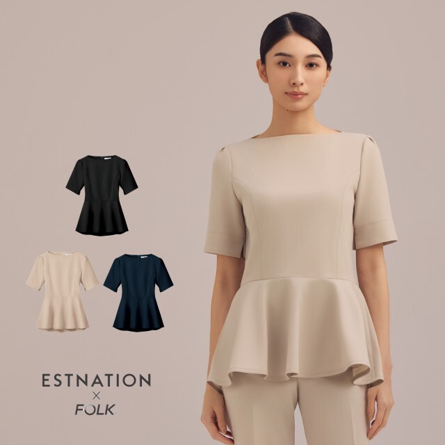 ESTNATION × FOLK EN200 接客 受付 医療 チュニック レディス 女性用 半袖 吸汗 速乾 イージーケア ノーアイロン ストレッチ 工業洗濯可 事務 美容 歯科 エステ クリニック サロン 病院 おもてなし ショールーム フォーク エストネーション コラボ