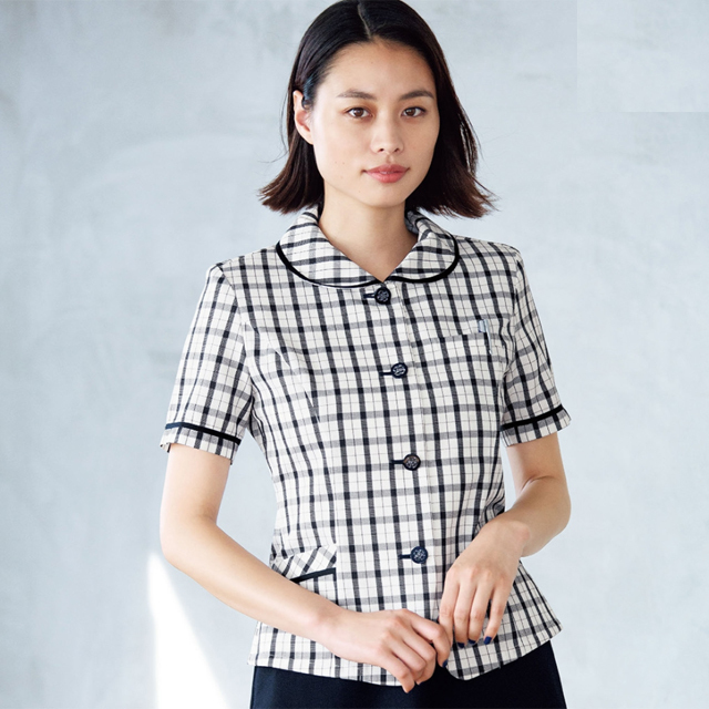 Fb70 フォーク オフィスウェア オーバーブラウス チェック柄 半袖 女性用 夏用 涼しい 肩パット取り外し可 Folk レディース レディス 一般事務 営業事務 製造事務 制服 受付 ユニフォーム 可愛い 事務服 白衣ネット本店