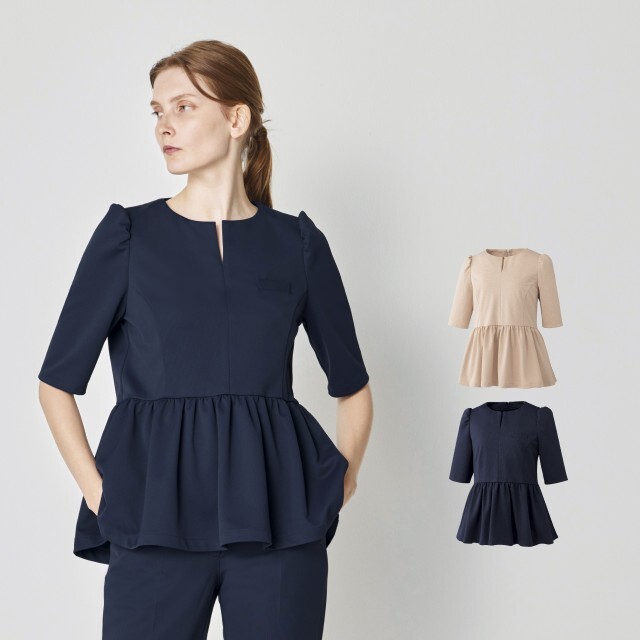 FR-0003 ナースウェア ペプラム トップス 六分袖 女性用 フォロレゾン UNITE ユナイト チトセ 透け防止 制菌 制電 ストレッチ イージーケア 工業洗濯対応 医療用 白衣 ナース 看護師 受付 事務 エステ クリニック サロン 歯科 美容 小児科 婦人科 薬剤師 ネイビー ピンク