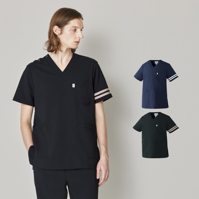 FR-0007 ナースウェア スクラブ 男女兼用 肩口スナップボタン かぶりタイプ フォロレゾン UNITE ユナイト チトセ 制菌 制電 ストレッチ 工業洗濯対応 シワになりにくい 医療用 白衣 ナース 看護師 エステ クリニック サロン 歯科 小児科 薬剤師 ネイビー ブラック