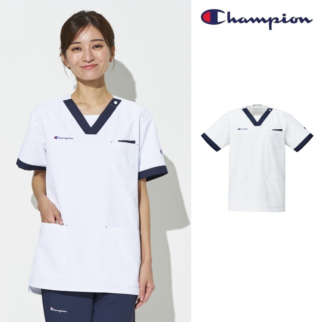 Champion チャンピオン 白衣 スクラブ メディカルウェア 男女兼用 HS8150 プルオーバー 肩口スナップ 制菌加工 透け防止 静電気防止 ストレッチ 吸水 速乾性 接触冷感性 工業洗濯 オンワード 医療用 医師 看護師 歯科医院 介護施設 整骨院 動物病院 リハビリ 理学療法士