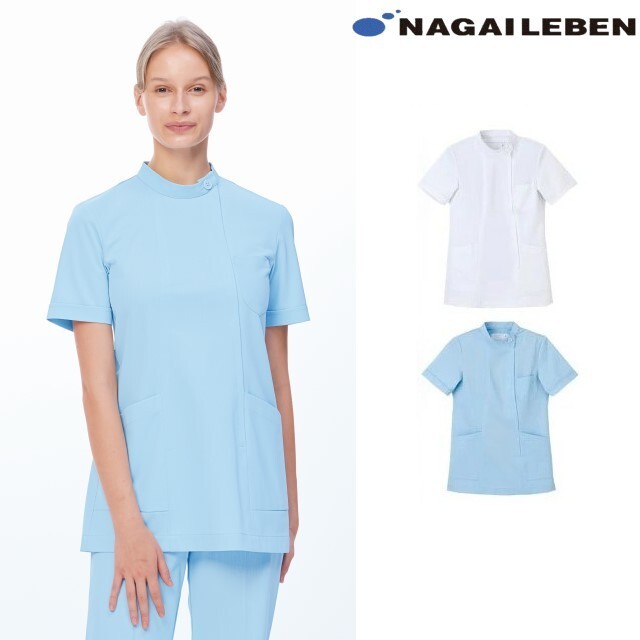 HS952 ナガイレーベン ナースウェア ジャケット 女性用 スタンドカラー 半袖 制菌加工 制電 吸水 防汚 ポケット NAGAILEBEN 医療用 看護師 歯科衛生士 レディース レディス 女子 立ち襟 チュニック