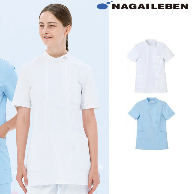 HS952 ナガイレーベン ナースウェア ジャケット 女性用 スタンドカラー 半袖 制菌加工 制電 吸水 防汚 ポケット NAGAILEBEN 医療用 看護師 歯科衛生士 レディース レディス 女子 立ち襟 チュニック