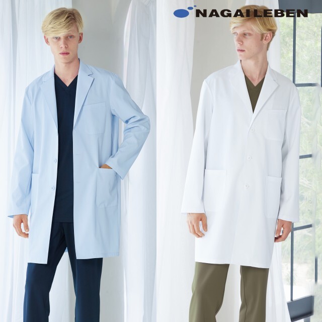 JY3400 ナガイレーベン 診察衣 シングルボタン 男性用 長袖 ショート丈 シワになりにくい 軽い ストレッチ  制菌加工 制電 吸水 防汚 ポリエステル100% ホワイト サックス NAGAILEBEN 医療用 ドクターコート 白衣 メンズ 医者 医師 ドクター 薬局 薬剤師