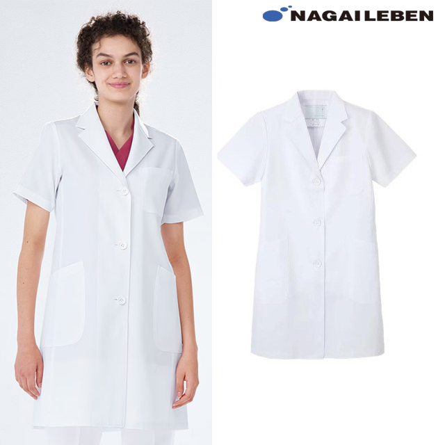 KEX5132 ナガイレーベン診察衣 シングルボタン 女性用 半袖 制菌加工 制電 吸水 防汚 業務洗濯可 NAGAILEBEN 医療用 医者 ドクター レディース レディス 女子 ドクターコート 白衣 