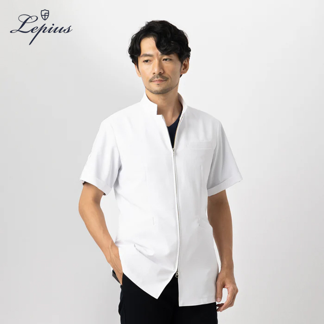 mdc032 lepius メンズ白衣 スタンドカラー ジップアップ 半袖 ジャケット シワになりにくい シングルボタン 男性用 制菌 吸湿 速乾 制電 レピウス 医療用 医師 ドクター 薬剤師 教師 薬局 医者