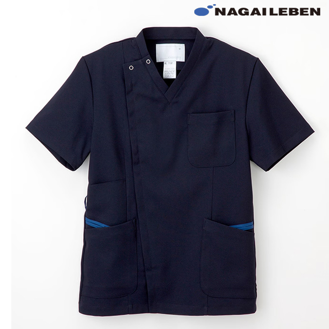 ML1132 ナガイレーベン ナースウェア スクラブ 男性用 半袖 PHSポケット ストレッチ 制電 吸水 防汚 業務用洗濯可 形態安定素材 NAGAILEBEN 医療用 看護師 介護 メンズ 男子 上衣 医務衣 白衣 