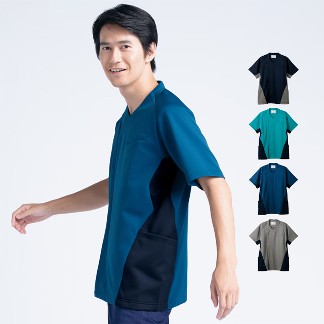 MS859 住商モンブラン スクラブ白衣 男性用 半袖 メンズ 制菌加工 吸汗  ストレッチ MONTBLANC 医療用 看護師 ナース 男子 白衣 医務衣 上衣  ナースジャケット