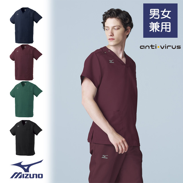 MZ-0231 チトセ ミズノ ドクターウェア スクラブ 男女兼用 半袖 抗ウイルス 制菌 吸汗速乾 制電 動きやすい 耐久性 CHITOSE MIZUNO 医療用 医師 看護師 介護 ユニセックス 白衣