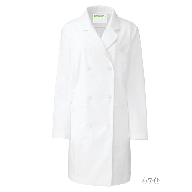 REP215 カゼン 診察衣 ダブルボタン 長袖 女性用 ハーフ丈 制菌加工 抗菌防臭加工 抗ウイルス加工 吸汗性 ストレッチ KAZEN 医療用 医者 医師 女医 ドクター レディース レディス ドクターコート 白衣 ホワイト 白