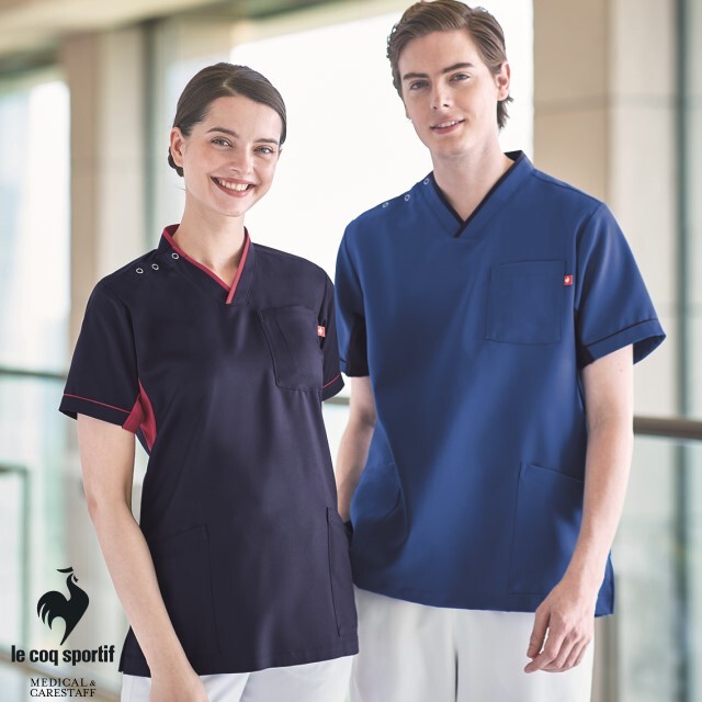UQM1537 ルコックスポルティフ lecoqsportif メディカルウェア ユニセックス Vネック スクラブ 男女兼用 医療用 吸汗速乾 工業洗濯 ストレッチ 防透 帯電防止 制菌 医師 ドクター 看護師 ナース 介護 ケア 白衣 病院 医院 クリニック