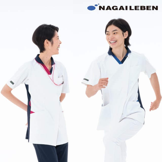LX4097 ナガイレーベン ナースウェア ジャケット 男女兼用 半袖 PHSポケット 涼感素材 制菌加工 制電 吸水 防汚 透け防止 NAGAILEBEN 医療用 看護師 介護 ユニセックス 上衣 医務衣 白衣 チュニック 