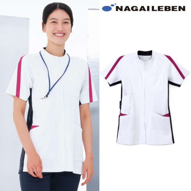 LX4127 ナガイレーベン ナースウェア ジャケット 男女兼用 半袖 スマホポケット 涼感素材 制菌加工 制電 吸水 防汚 透け防止 NAGAILEBEN 医療用 看護師 介護 歯科衛生士 ユニセックス チュニック ジャケット 医務衣 上衣 白衣