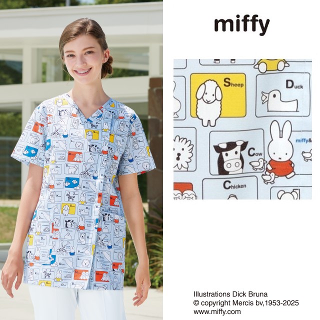 MFS5852 ナガイレーベン ミッフィー ナースウェア スクラブ 男女兼用 半袖 吸水 防汚 業務用洗濯可 形態安定素材 制菌加工 NAGAILEBEN 医療用 看護師 ユニセックス ジャケット 上衣 白衣 チュニック ブルー