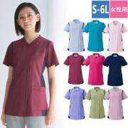 972 カゼン ナースウェア スクラブ 女性用 Vネック 半袖 ジップ 携帯ポケット PHSポケット ループ付き ペン差し付き 工業洗濯可 制菌加工 透け防止 吸汗 制電 ストレッチ KAZEN 医療用 看護師 歯科衛生士 ジャケット