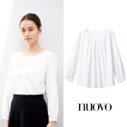 FB75590 フォーク ヌーヴォ オフィスウェア ブラウス 長袖 レディス 女性用 フロントタック 後ろホック ストレッチ 透けない おうち洗濯 イージーケア 速乾 ノーアイロン ホワイト nuovo FOLK 事務服 受付 医療 美容 エステ クリニック サロン 病院 おもてなし