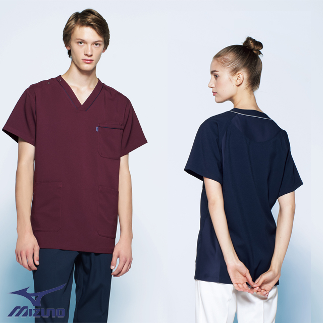 MZ-0215 MIZUNO ミズノ ドクターウェア ナースウェア スクラブ 男女兼用 医療用 医師 ドクター 看護師 ナース 介護 ケア 整体 鍼灸 薬剤師 涼しい 快適 通気 吸汗速乾 ストレッチ 制電 工業洗濯 ピンク ネイビー ブラック ワイン