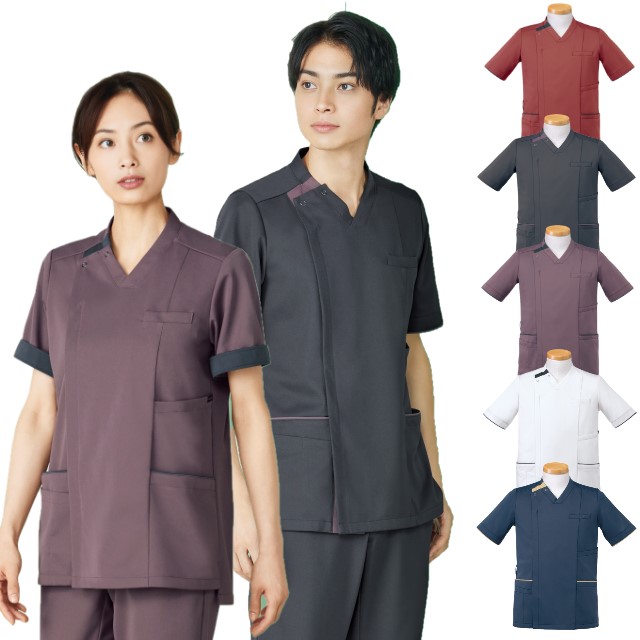 R8591 ヤギコーポレーション スクラブ ジャケット 男女兼用 半袖 サイドファスナー 前開き ニット ストレッチ 制菌加工  吸汗速乾 帯電防止 YAGI メディカルウェア リゼルヴァ 医療用 看護師 介護 リハビリ 歯科助手 エステ 整体 整骨院 薬局 薬剤師 SS 3L 4L 5L