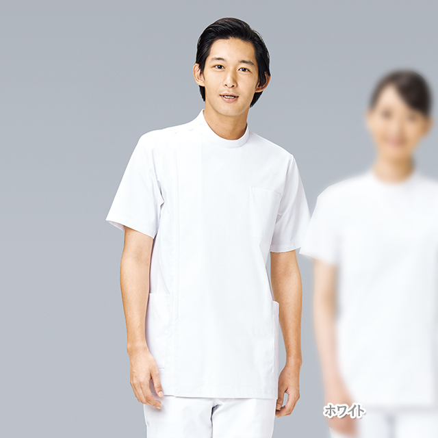 REP100 カゼン ナースウェア ケーシー ジャケット 男性用 抗ウイルス加工 半袖 制菌加工 抗菌防臭 吸汗 ストレッチ PHSポケット 左胸ポケット 両腰ポケット KAZEN 医療用 看護師 薬剤師 整体師 メンズ  チュニック