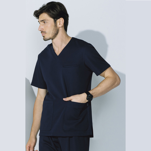 UN-0075 チトセ ユナイト ナースウェア スクラブ 男性用 半袖 ストレッチ 制菌 ポケット付き CHITOSE unite 医療用 看護師 医者 ドクター 介護 歯科衛生士 メンズ 男子 上衣 ジャケット 医務衣 白衣 ブラック 黒 ネイビー 紺 ベージュ 紫 赤系